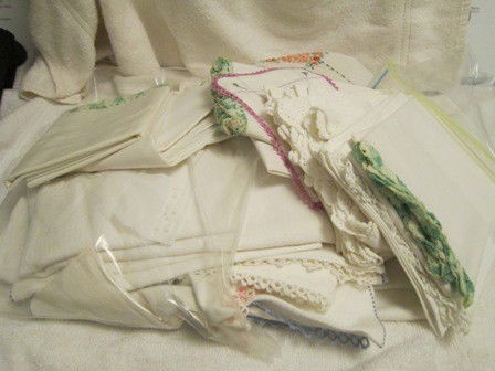 Nice lot of linens towel napkins: Nice lot of linens towel napkins pillow cases crochet ends in different colors some cross stitched clean and pressed