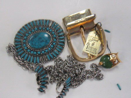 Necklace pins earrings belt buckle: Necklace pins earrings belt buckle- Trifari turquoise gold jade- nice little bunch