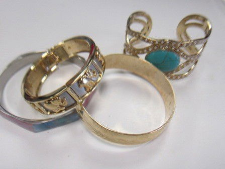 4 bracelets- bangles: 4 bracelets- bangles- multi colored stones and beads etched- Trifari marked on etched one