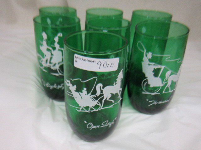 7 Forest green 9oz tumblers: 7 Forest green 9oz tumblers- Open Sleigh, bicycle for 2,gas buggy and the Hanson all good shape-5"