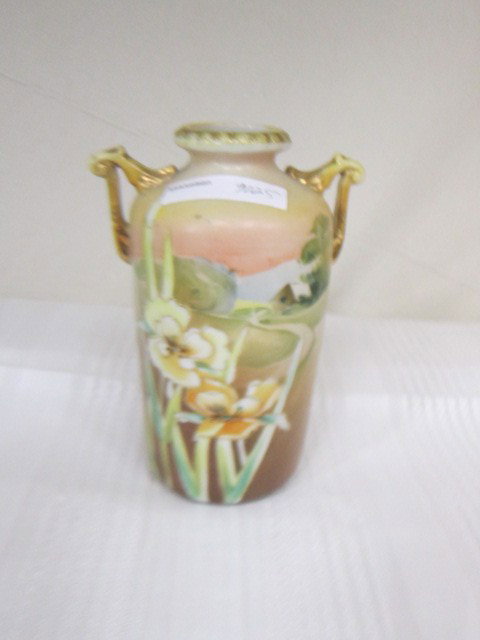 Hand Painted Nippon Vase: Hand Painted Nippon-Vase-handled -Yellow Irises -M in wreath green mark- 6"-gold trim