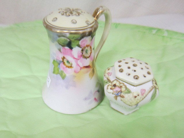 2 pc Hand painted Nippon: 2 pc Hand painted Nippon-6 sided shaker 2"-Handled shaker 3 1/2"-flower design gold trim M in wreath green mark