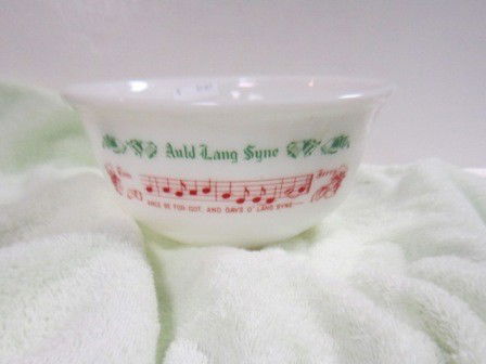 Tom and Jerry punch bowl H.Atlas: Tom and Jerry punch bowl-H.Atlas-9 by 4 1/2-Auld Lang Syne- red and green with notes and words