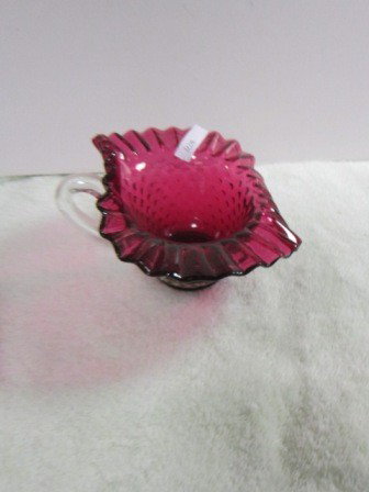 Cranberry hobnail candy dish: Cranberry hobnail candy dish with clear handel-4"