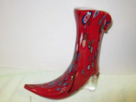 Murano glass boot Milliefiori: Murano glass boot- red with Milliefiori and clear heel9" white inside
