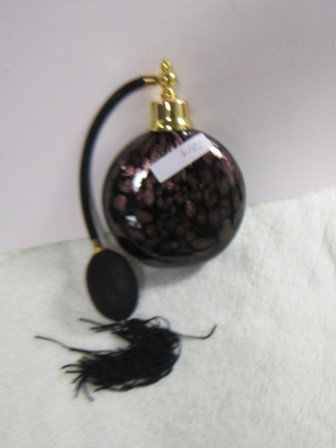 Murano glass perfume black: Murano glass perfume b lack with gold flakes gold tone middle with black bulb sprayer- flat sided-5 1/2"
