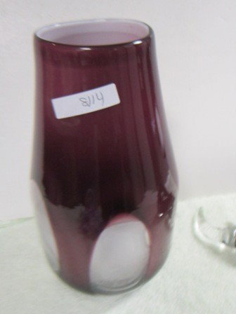 Murano glass purple with clear panels: Murano glass purple with clear panels and white inside vase round and square in shape1o"