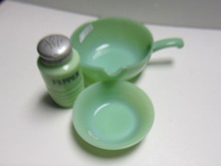 3 piece Fire King Jadeite desert bowl: 3 piece Fire King Jadeite desert bowl- gravy dish with pouring spout and handle 6 1/4"- Pepper Shaker metal top