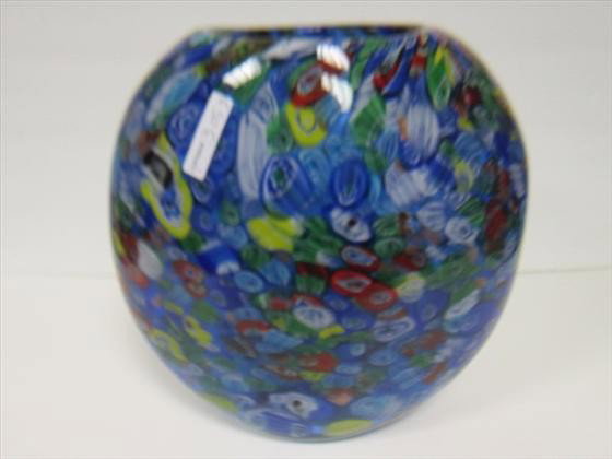 Murano flat sided glass vase: Murano flat sided glass vase- in blue with multi colored pieces11 1/4 tall