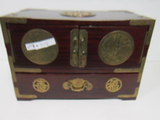 Oriental wood jewelry box: Oriental wood jewelry box brass trim green inside draws and doors-8 by 12 nice piece