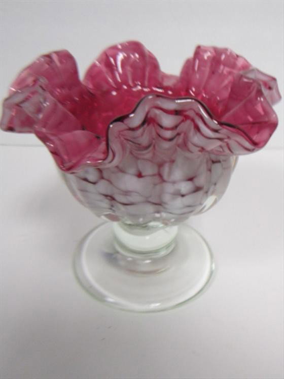 Murano glass footed ruffled bowl: Murano glass footed ruffled tope bowl in cranberry and white spatter with clear base-6 tall