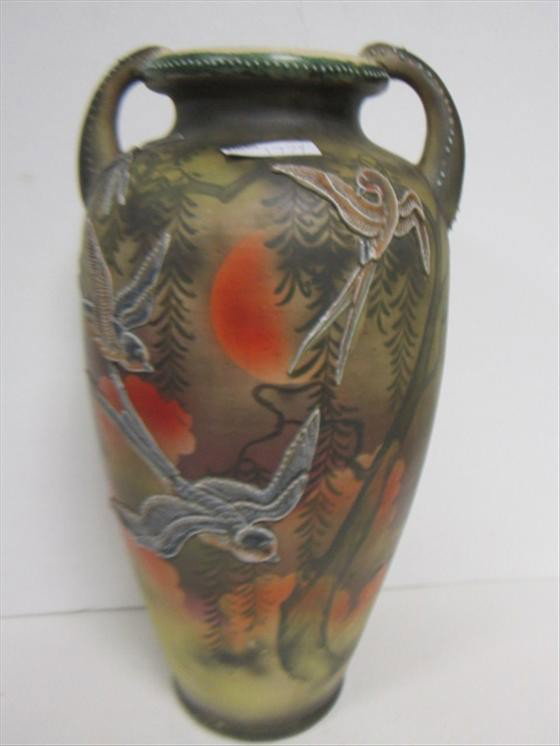 Lg Moriage style unmarked Nippon vase: Large Moriage style unmarked Nippon vase- birds with leaves and sun- beaded embossed 16 tall handle top-nice piece