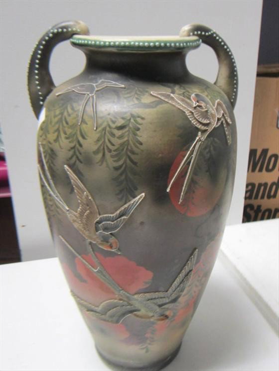 Lg Moriage style unmarked Nippon vase: Large Moriage style unmarked Nippon vase- birds with leaves and sun- beaded embossed 16 tall handle top-nice piece