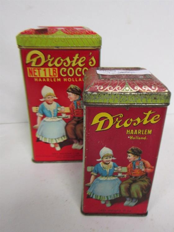 2 tin boxes: 2 tin boxes- Dorset Harlem Holland and Droste's Cocoa Holland-5 1/4-6 1/2 both square- good paint