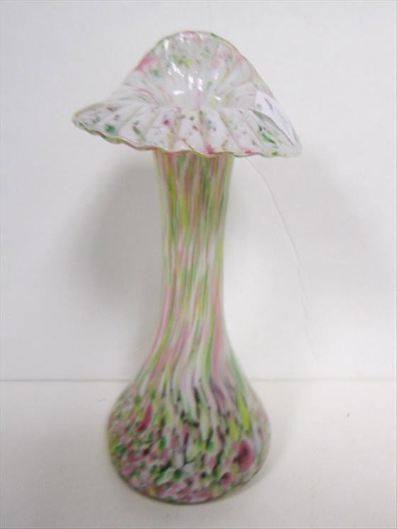 Spatter glass ruffled flared top glass vase: Spatter glass multi colored ruffled flared top glass vase-8 tall-