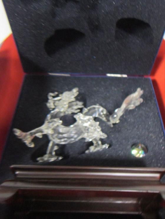 Swarovski crystal dragon on wood base: Swarovski crystal dragon on wood base with both boxes-7550-gold eyes-broken spots -crystal ball