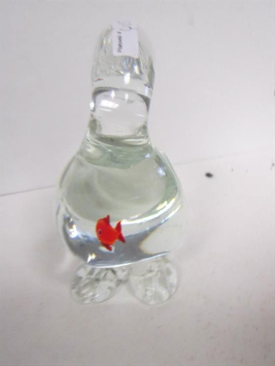 Crystal duck-Murano glass with gold fish: Crystal duck-Murano glass with gold fish in his belly- head turned back to body- 6 3/4 tall- cute piece