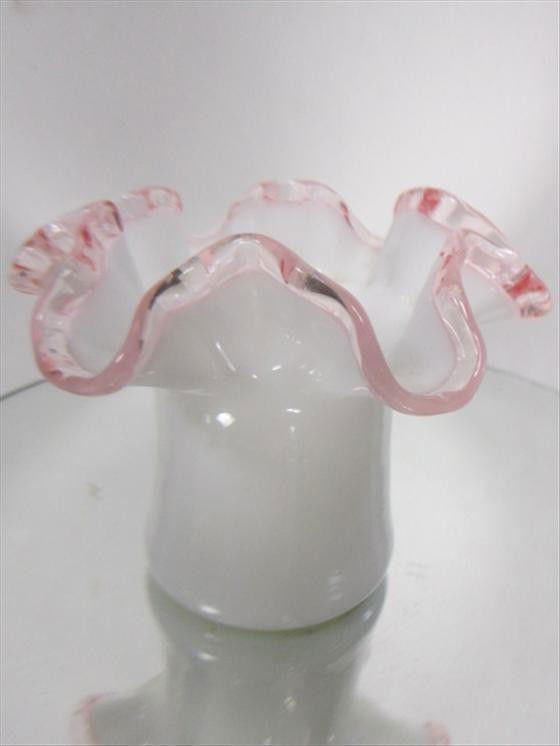 Pink crest- ruffled top Fenton bowl: Pink crest- ruffled top Fenton hat shaped bowl white base-3 1/2