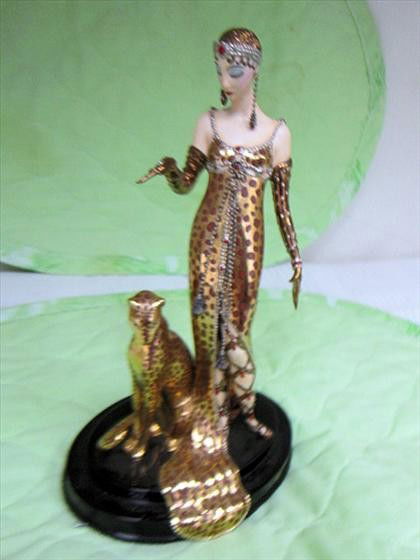 House of Erte - Ocelot - figurine: House of Erte - Ocelot - porcelain hand painted figurine - Franklin Mint - #A1212 - 8 3/4 - leopard and lady with silver jewels - Great Piece