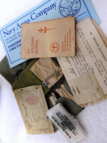 Misc Military lot - Stenographic Machines: Misc Military lot - Stenographic Machines - certification new numeral insert for wings - Missal - Revoler finishing instr. - sewing kit - case sharpening stone - & 1937 Weapon permit