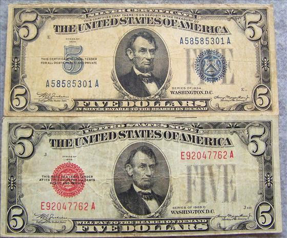 2 Early five dollar bills: 2 Early five dollar bills - One 1934 Blue Seal Silver Certificate, and one 1928C Red Seal United States Note