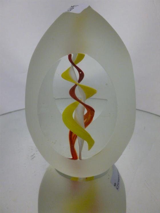Murano egg-shaped paperweight-5": Murano glass egg shaped flat sided satin glass paperweight- yellow orange and white spiral inside design-5"