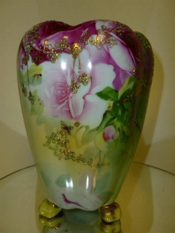 Hand painted Nippon footed vase-7": Hand painted Nippon footed vase- gold trim pink roses green background-7 tall