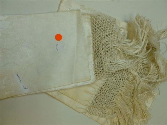 3 pc linen table runners: 3 pc linen table runners off white with fringe flower design-nice old pieces
