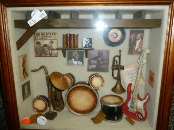 Shadow box-musical instruments & pictures: Shadow box display of musical instruments and pictures of old time musicians 14 by 16 -4 deep from the 60's