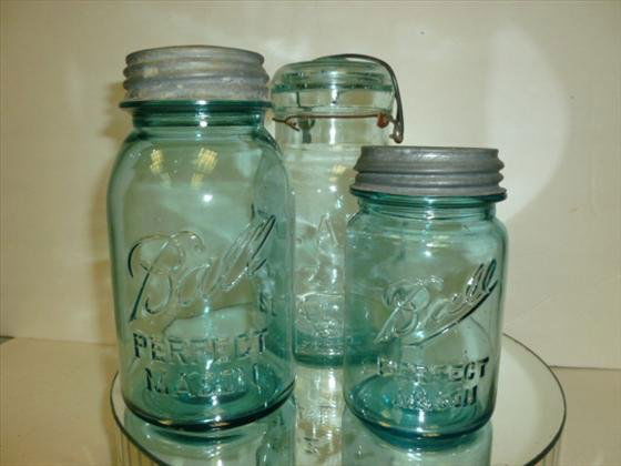 3 Ball and Atlas glass jars with lids-3 sizes: 3 aqua blue ball and Atlas glass jars with lids- 3 sizes-