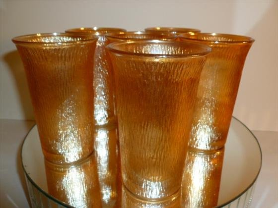6 Carnival glass tree bark tumblers-Imperial: 6 Carnival glass tree bark tumblers in Marigold- Imperial glass Co.