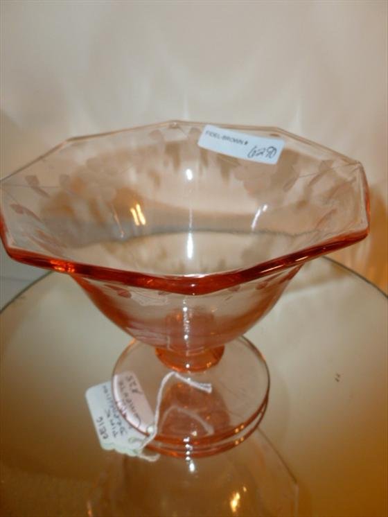 Pink depression glass compote-etched flowers: Pink depression glass compote etched flowers-4 3/4 tall