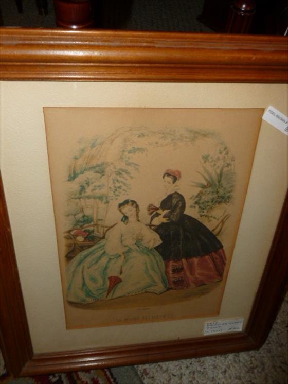 Framed Godey print- in frame-La Mode: Framed Godey print- in wood frame and under glass- La Mode Illus tree-Leroy Imp. Paris- 13 by 15