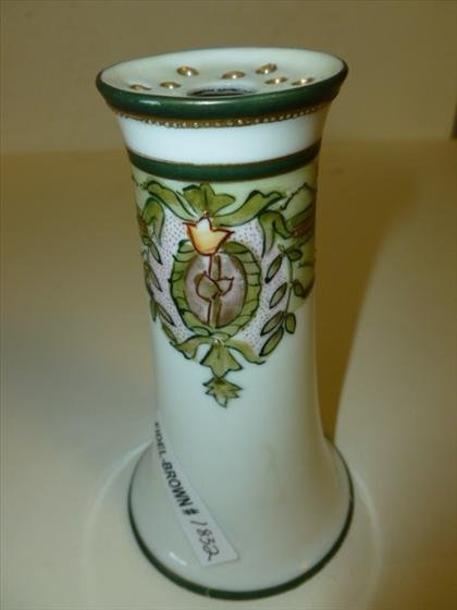 Nippon porcelain hat pin holder: Nippon porcelain hat pin holder green hand painted design - 5 tall