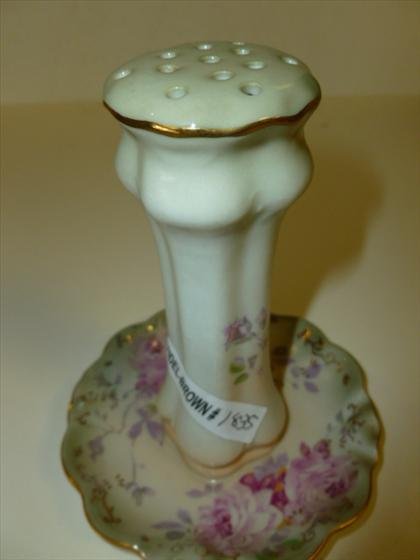 Hat pin holder mark RS: Hat pin holder mark RS in wine color with star on top - colored flowers gold trim round bottom tray - 5 1/4"