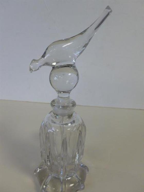 Perfume bottle with Pheasant stopper: Perfume bottle with Pheasant stopper - clear crystal - rib bottom - 9 tall no marks