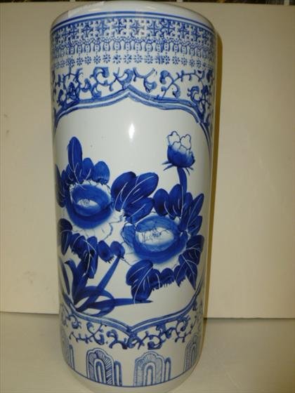 Umbrella or cane stand: Umbrella or cane stand - in blue and white flowers - 18' - good condition