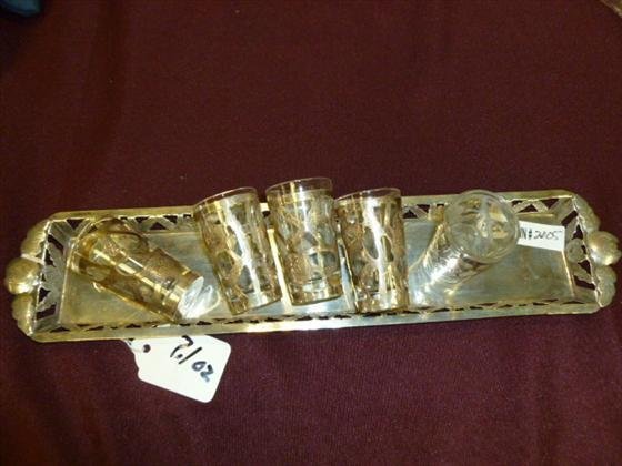 6 pc set - Sterling tray: 6 pc set - Sterling tray with 5 sterling cut out shot size glasses with glass inserts - 2 tall - 7 point 1 ounce
