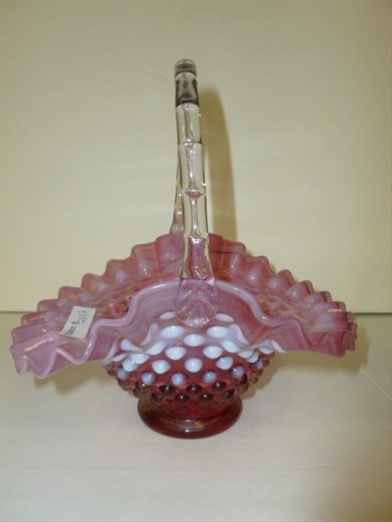 Fenton cranberry hobnail glass basket: Fenton cranberry hobnail glass ruffled top basket clear applied handle-8 tall