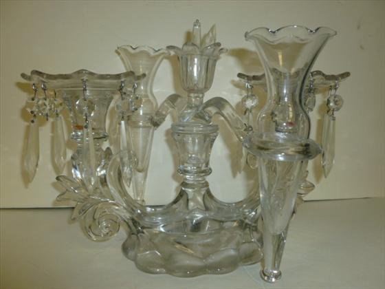 Epergne and double candle holder: Epergne and double candle holder- hanging crystals removable top and bosche's-9 by 12- Nice centerpiece