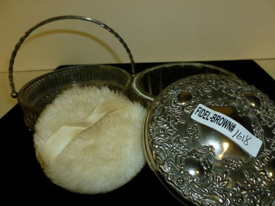 2 pc- coaster -Powder jar, puff & mirror: 2 pc- Silver platter coaster holder with handle -Powder jar with puff and mirror 1950's Friedman Silver Co.