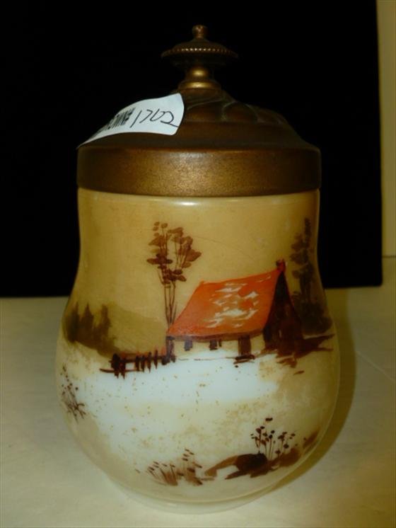 Unmarked Nippon Humidor hand painted: Unmarked Nippon Humidor hand painted farm scene- copper tone top not sure if original nice piece-6"