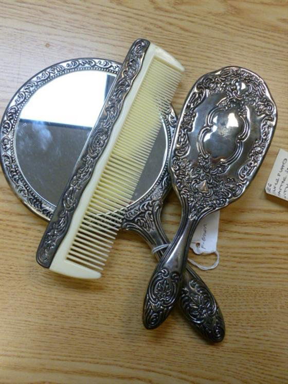 3 pc set Silver plated comb brush and mirror: 3 pc set Silver plated comb brush and mirror all good condition Victorian style and design
