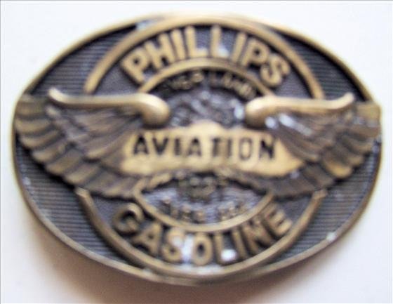 Vintage Solid Brass Belt Buckle: Vintage Solid Brass Belt Buckle - Phillips Gasoline Overland Aviation 1927 Over Sea - Great America Mint, Norman OK
