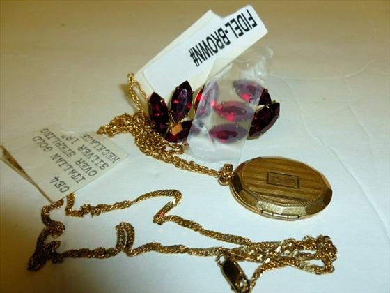 3 pc- 18" chain - gold filled locket and earrings: 3 pc- Italian gold over sterling 18" chain - gold filled locket and chain and red rhinestone earrings screw backs