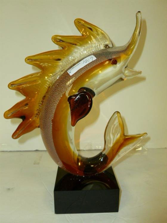 Murano glass sail fish: Murano glass sail fish in gold and white of square black base-12" tall