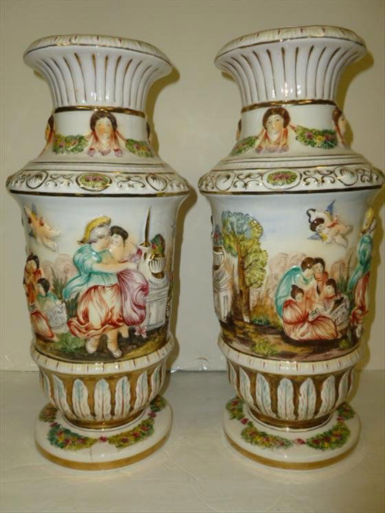 Pair R. Capodimonte vases: Pair R. Capodimonte vases-1535/435 marked 15"-1 base was repaired gold trim relief design men and women multi color