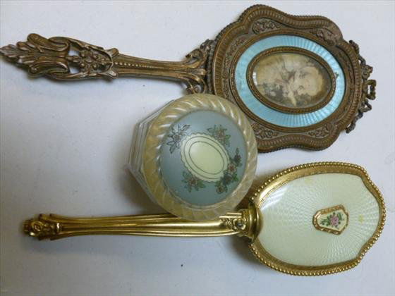 3 pc-mirror brush and dresser box-heavy brass: 3 pc-mirror brush and dresser box-heavy brass beveled glass hand mirror- 8 sided box- gold tone brush-older pieces