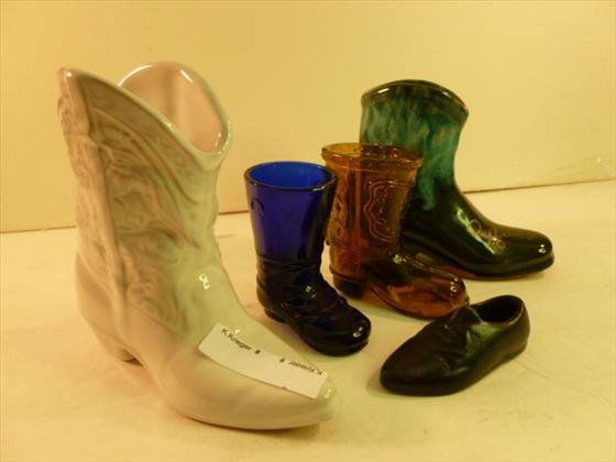 5 glass and pottery boots and shoe: 5 glass and pottery boots and shoe - assorted makers colors and sizes - all good condition