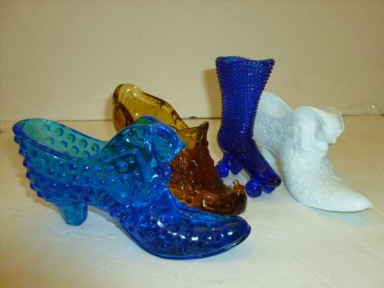 4 glass shoes and boots: 4 glass shoes and boots - gold white blue and cobalt - - cat head on 2 roller skates on one - all good condition
